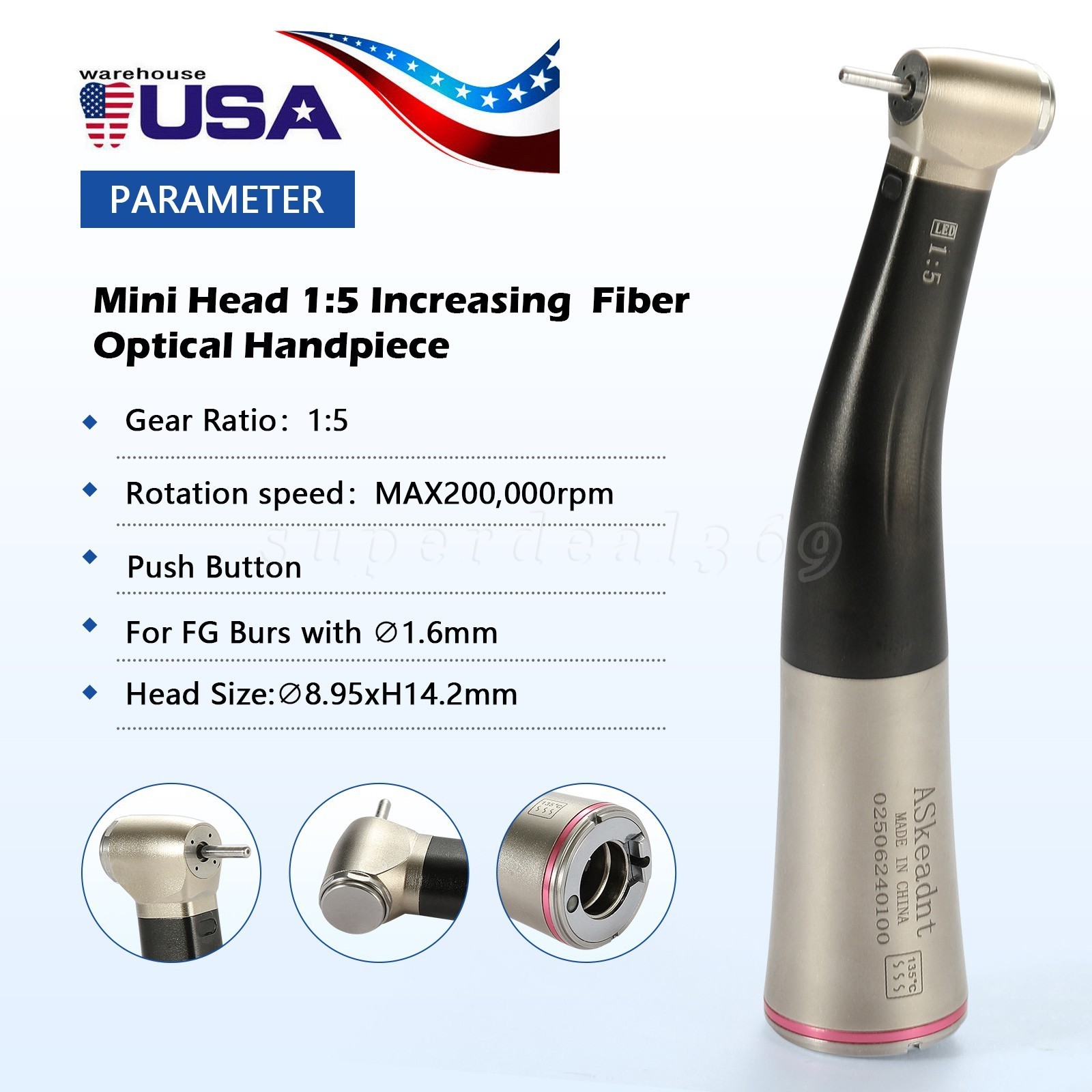 1:5 ratio Dental Fiber Optic LED Contra Angle Handpiece Inner 4 Spray /Rotor SA
