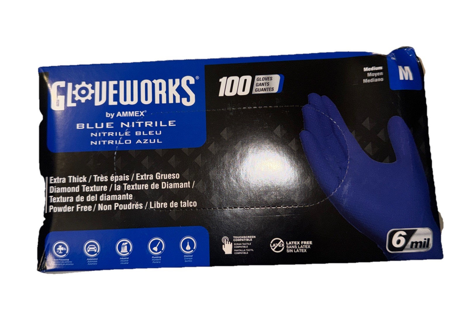 Ammex Gloveworks GWRBN44100 Royal Blue Disposable Nitrile Glove PF 6 Mil Size: M