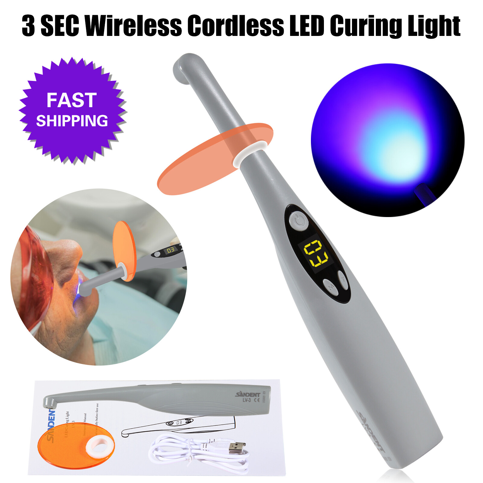 Dental Wireless Cordless iLed 3 Second LED Curing Light Cure Lamp LV3 DR DENTIST