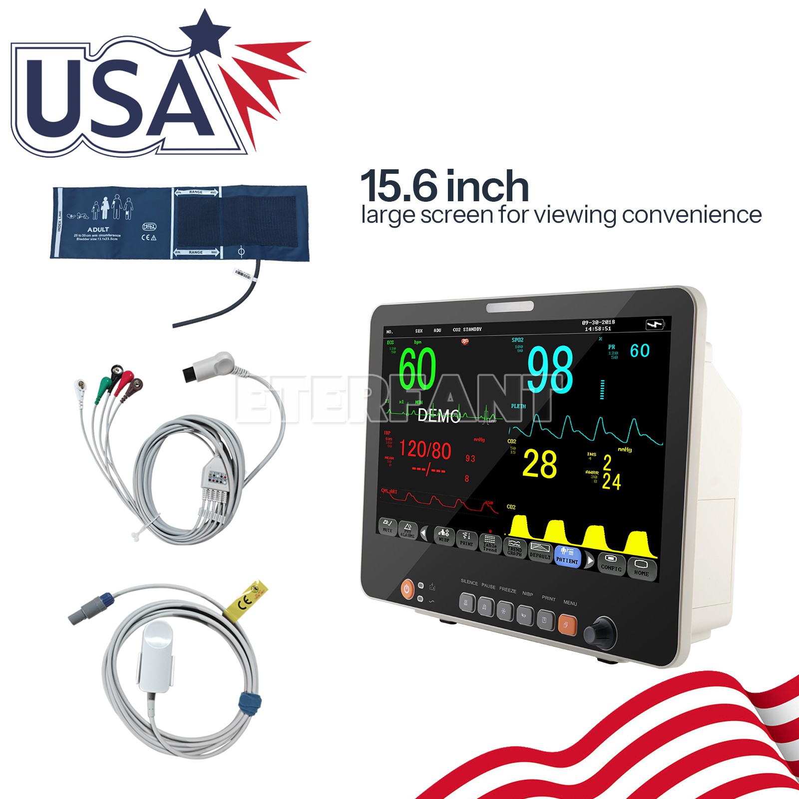 ETERFANT 15.6″ Patient Monitor ICU CCU Vital Sign NIBP RESP TEMP ECG SPO2 PR