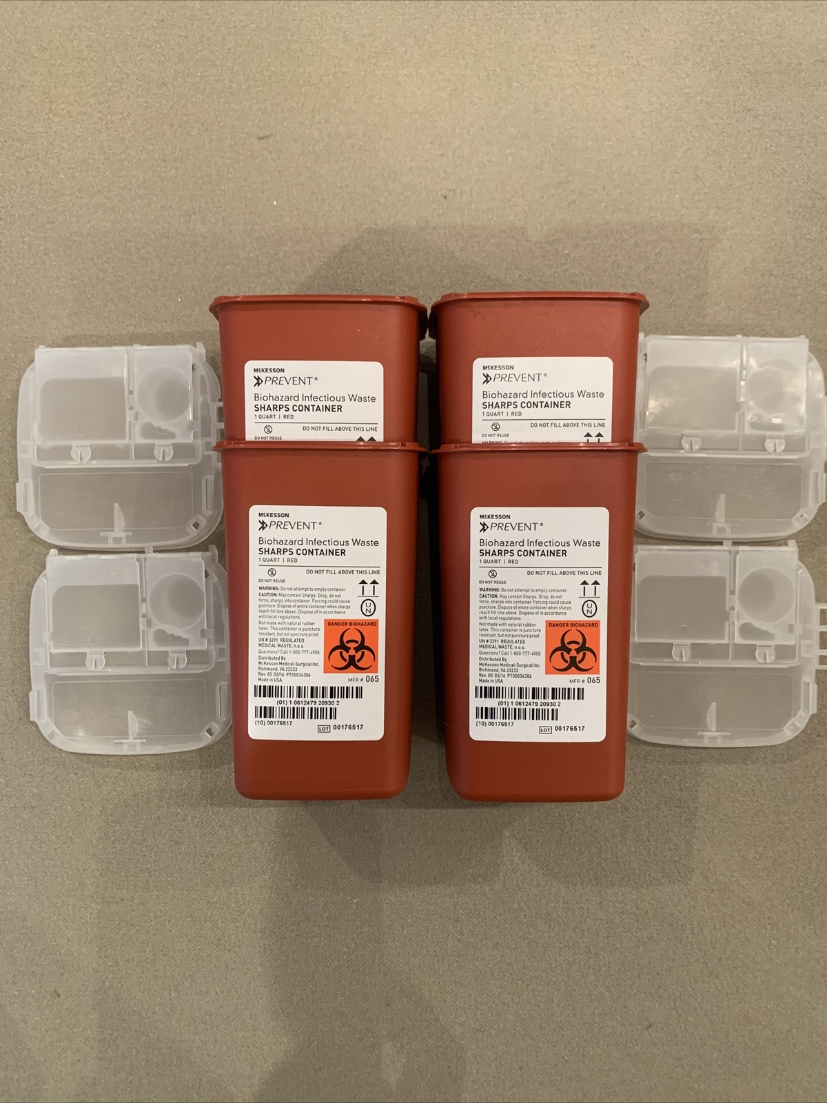 Lot of 4 McKesson 1-Quart Sharp Container Biohazard Red Needle Disposal With Lid