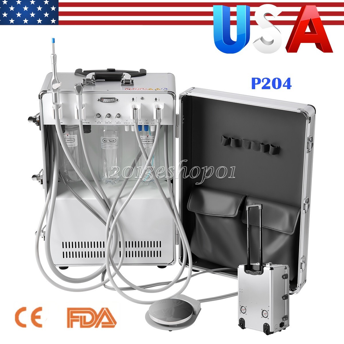 P204 Mobile Portable Dental Unit System Built-in Air Compressor Rolling Case