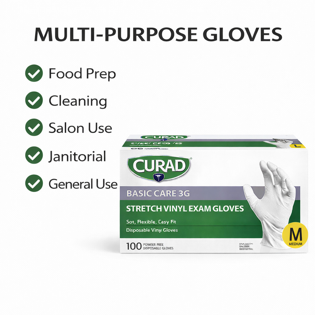 CURAD Basic Care 3G Stretch Vinyl Exam Gloves, Size M Soft Flexible Easy Fit