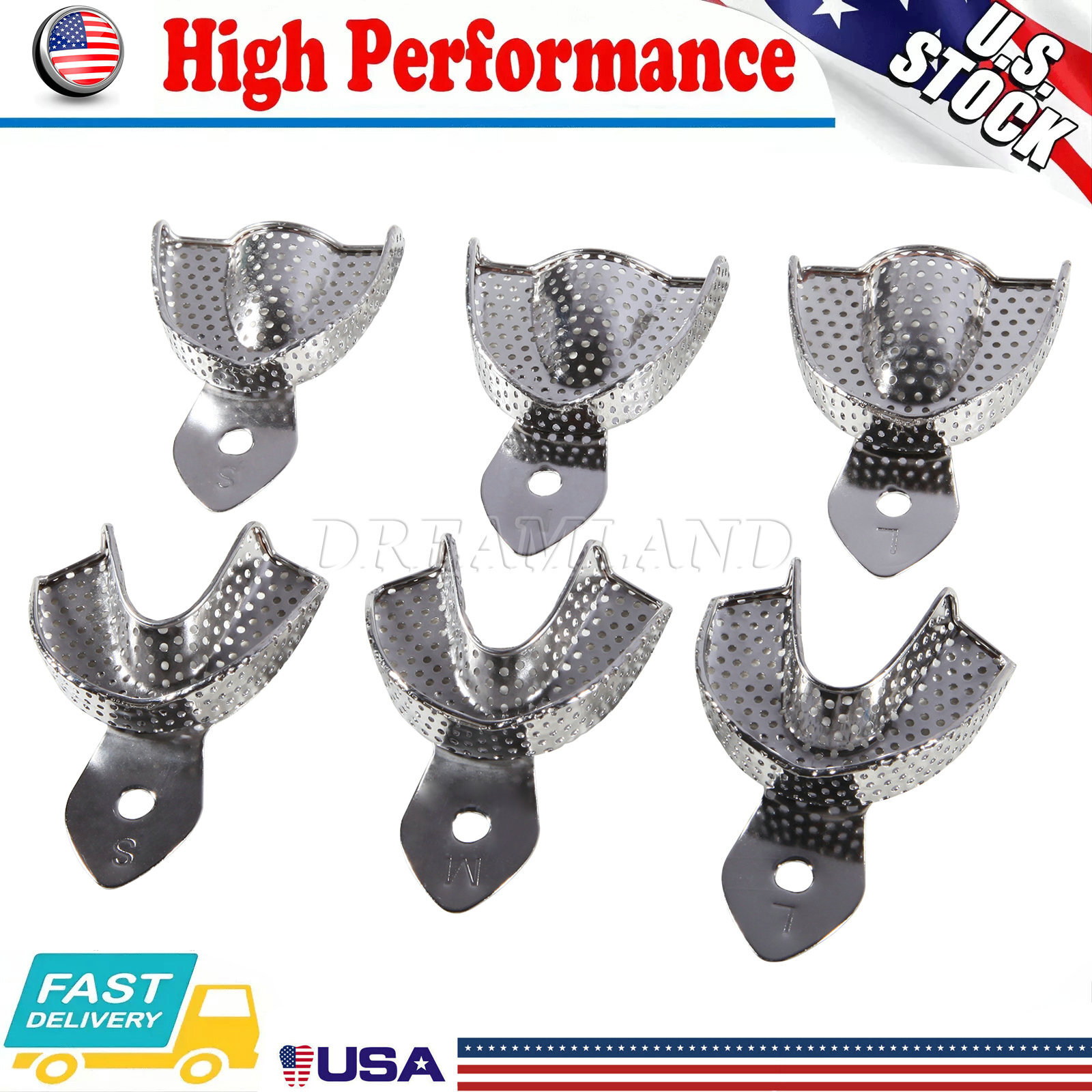 6 Pcs Perforated Metal Dental Impression Trays Set Edentulous Instruments CE