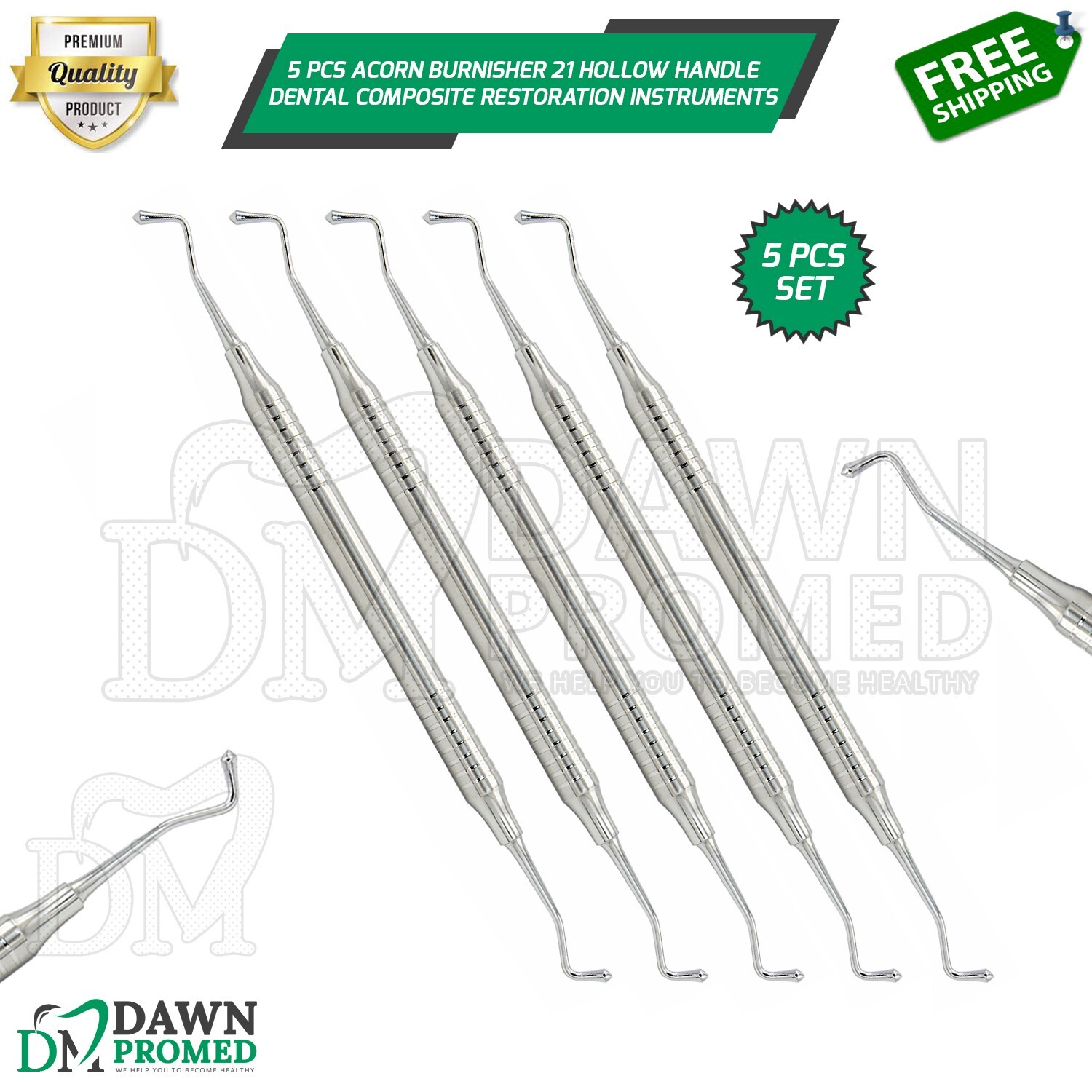 5 Pcs Acorn Burnisher 21 Hollow Handle Dental Composite Restoration German Grade