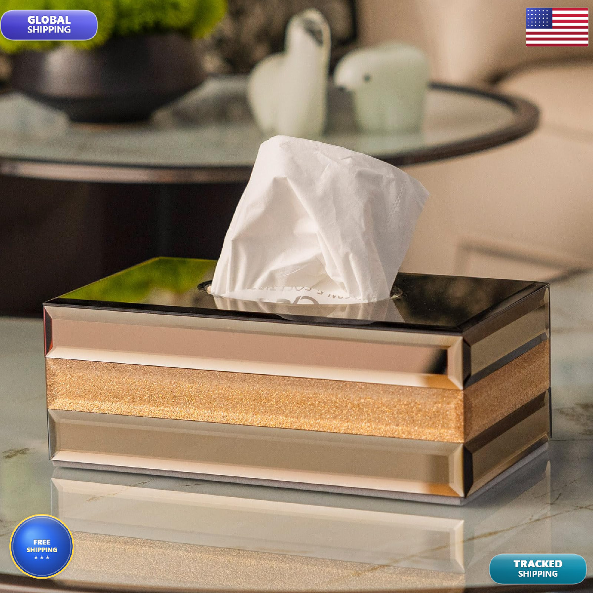 Timetrace Glass Tissue Cover Rectangle-Gold And Brown Mirrored Glass Decorative