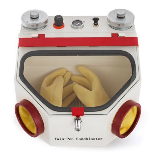 Dental Lab Twin-pen Sandblaster Sandblast Machine with LED Light 2 Metal Tanks