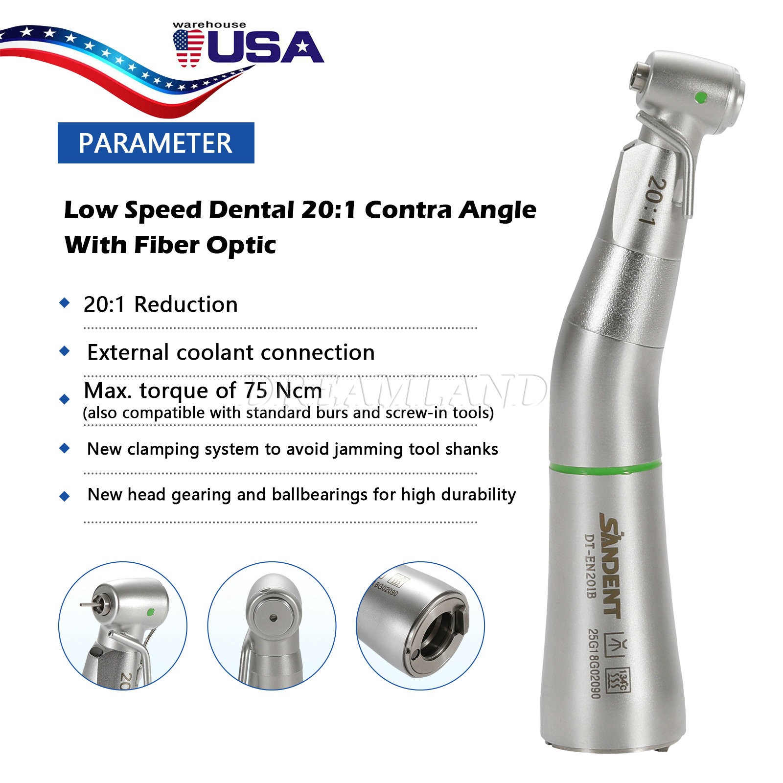 LED Fiber Optic 20:1 Detachable 75N Dental 20:1 Reduction Implant Handpiece