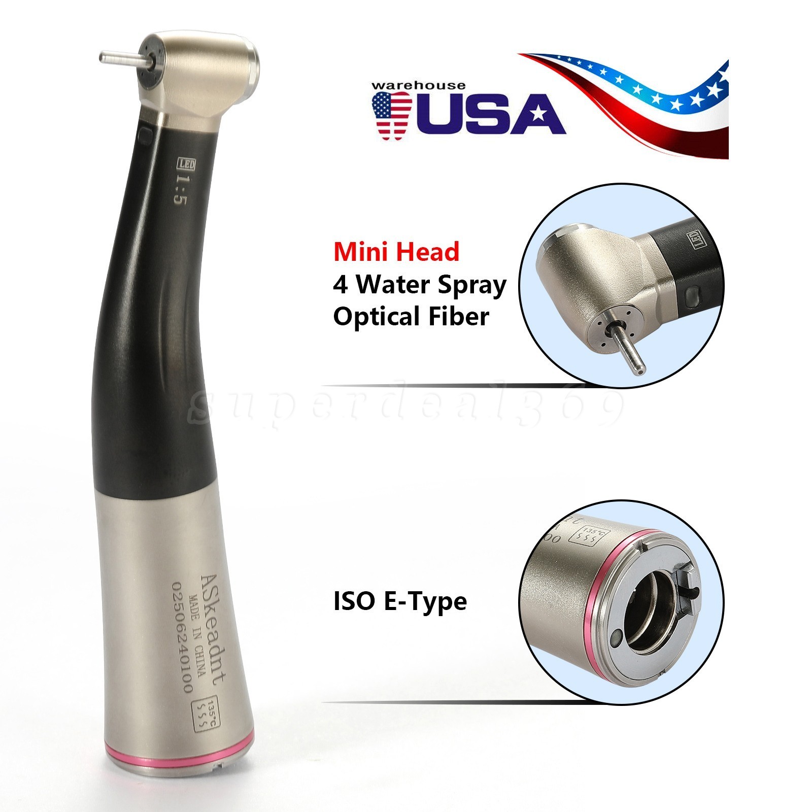 1:5 ratio Dental Fiber Optic LED Contra Angle Handpiece Inner 4 Spray /Rotor SA