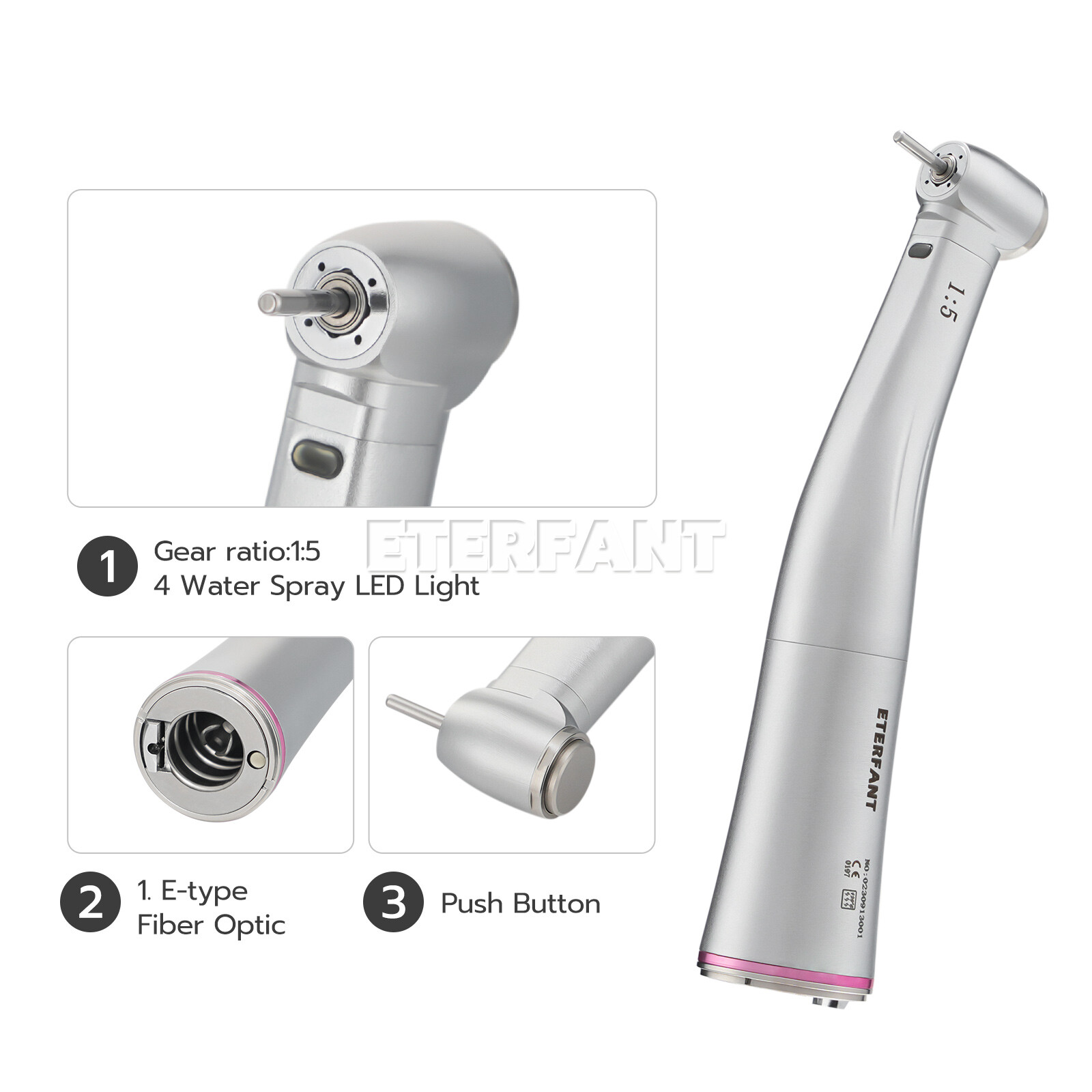 ETERFANT Dental 1:5 Increasing Contra Angle LED Optic Fiber F/NSK Electric Motor