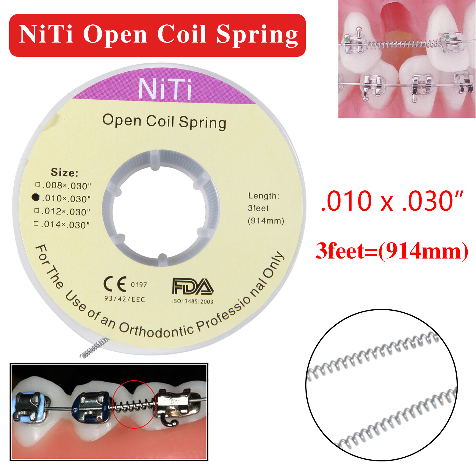 Dental Orthodontic Niti Open Coil Spring Spool Dia.010 Inch 914 mm 3 Feet MD