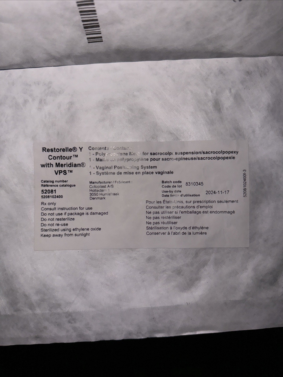 Ref-52081 Coloplast Restorelle Y Contour With Meridian VPS 24×3. cm