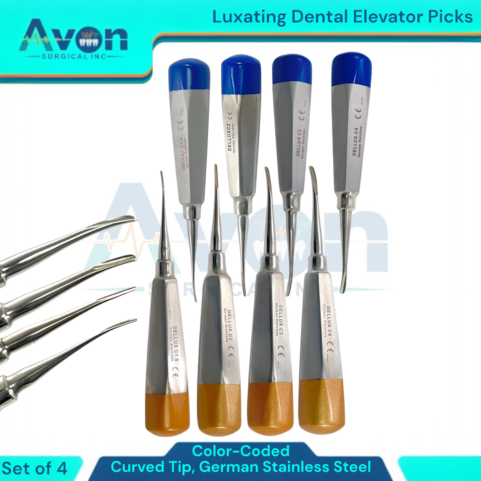 GERMAN Dental Luxating Elevator Tooth Extracting Tools 8 Pcs Curved (GOLD+BLUE )