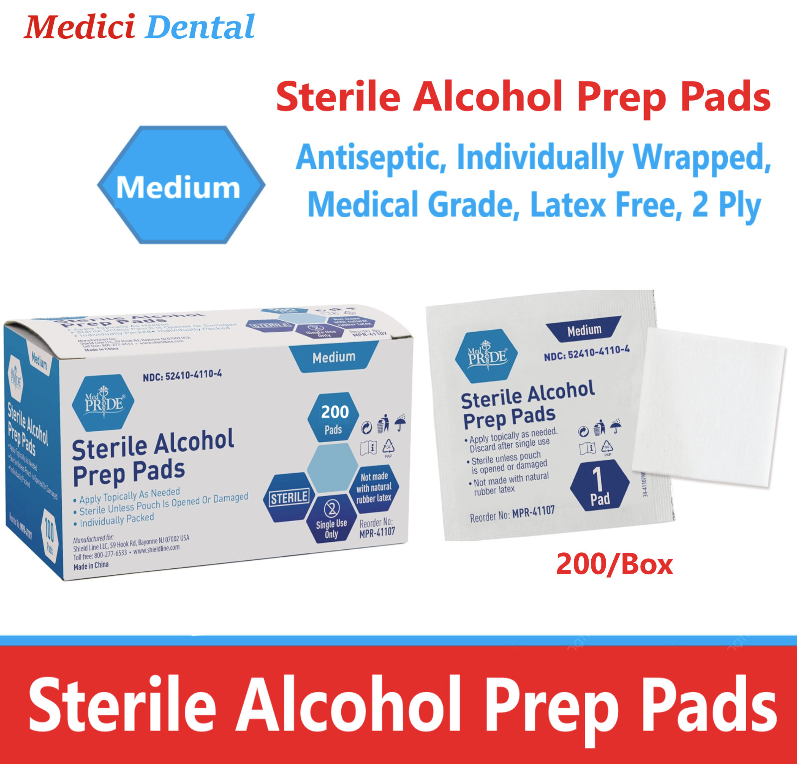 200 MEDIUM ALCOHOL PREP PADS Wet Sterile Antiseptics Pack Manufacter Sealed