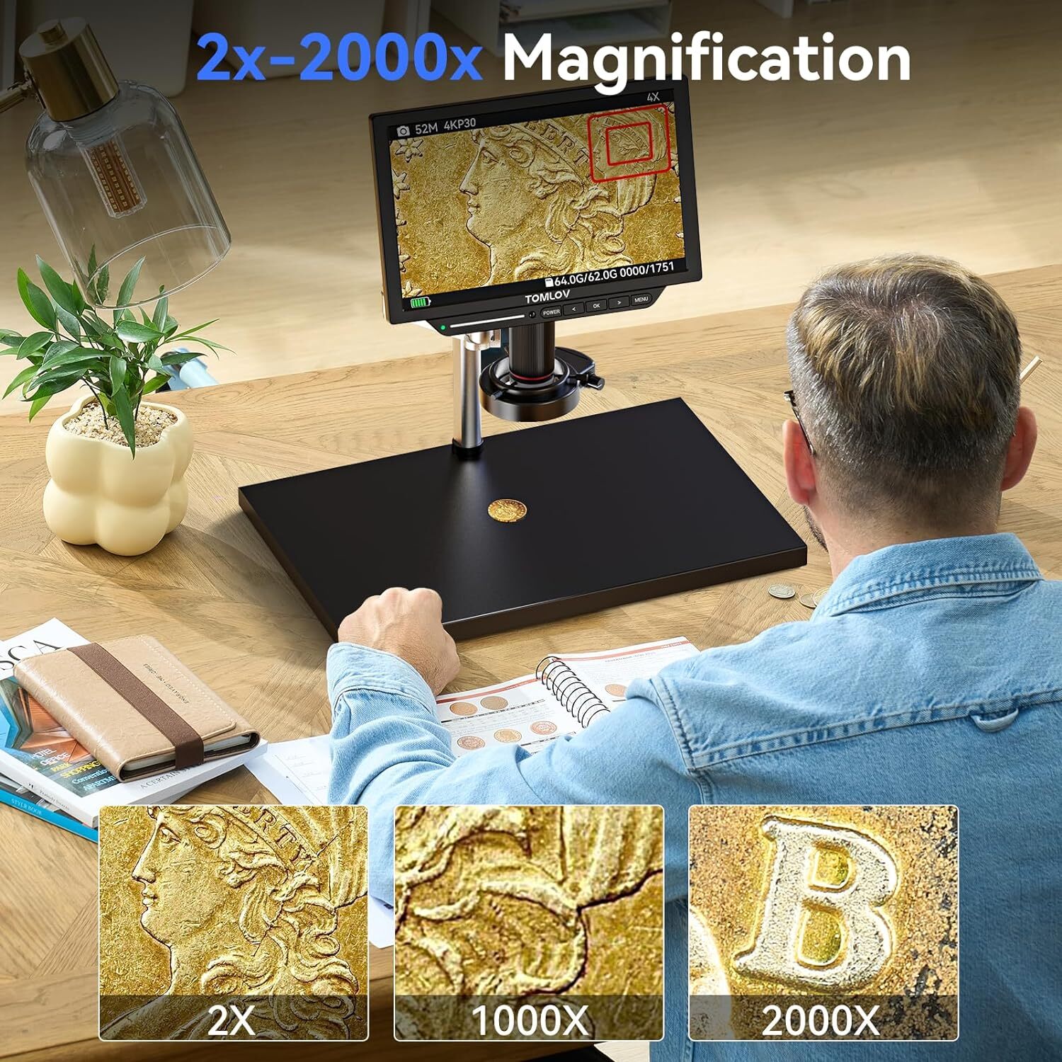 TOMLOV 4K LCD Digital Microscope 2000X 10.1” HDMI Coin Microscope 52MP Spin Arm