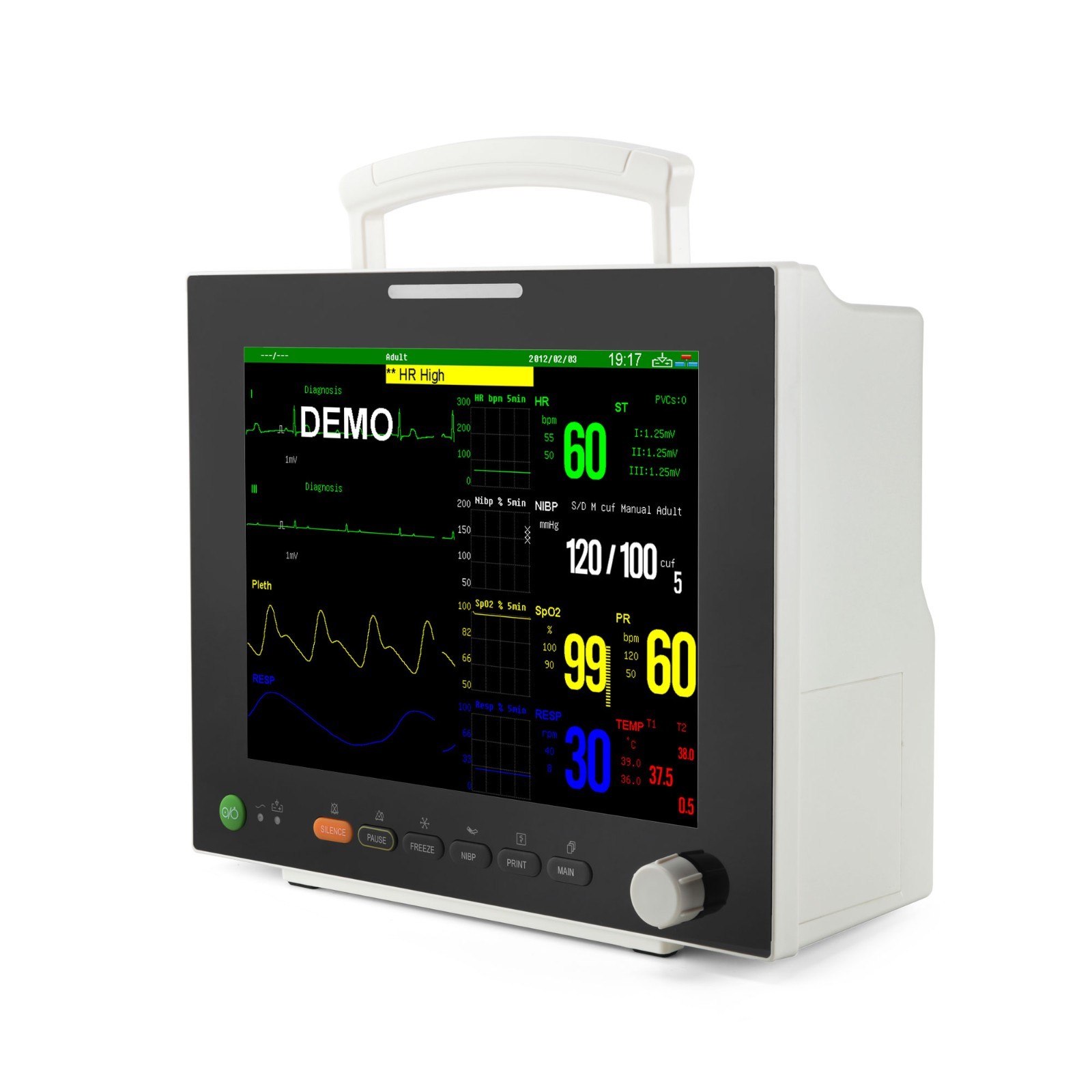 12.1″ TFT Patient Monitor ECG/NIBP/SPO2/RESP/TEMP trends/alarm with Printer