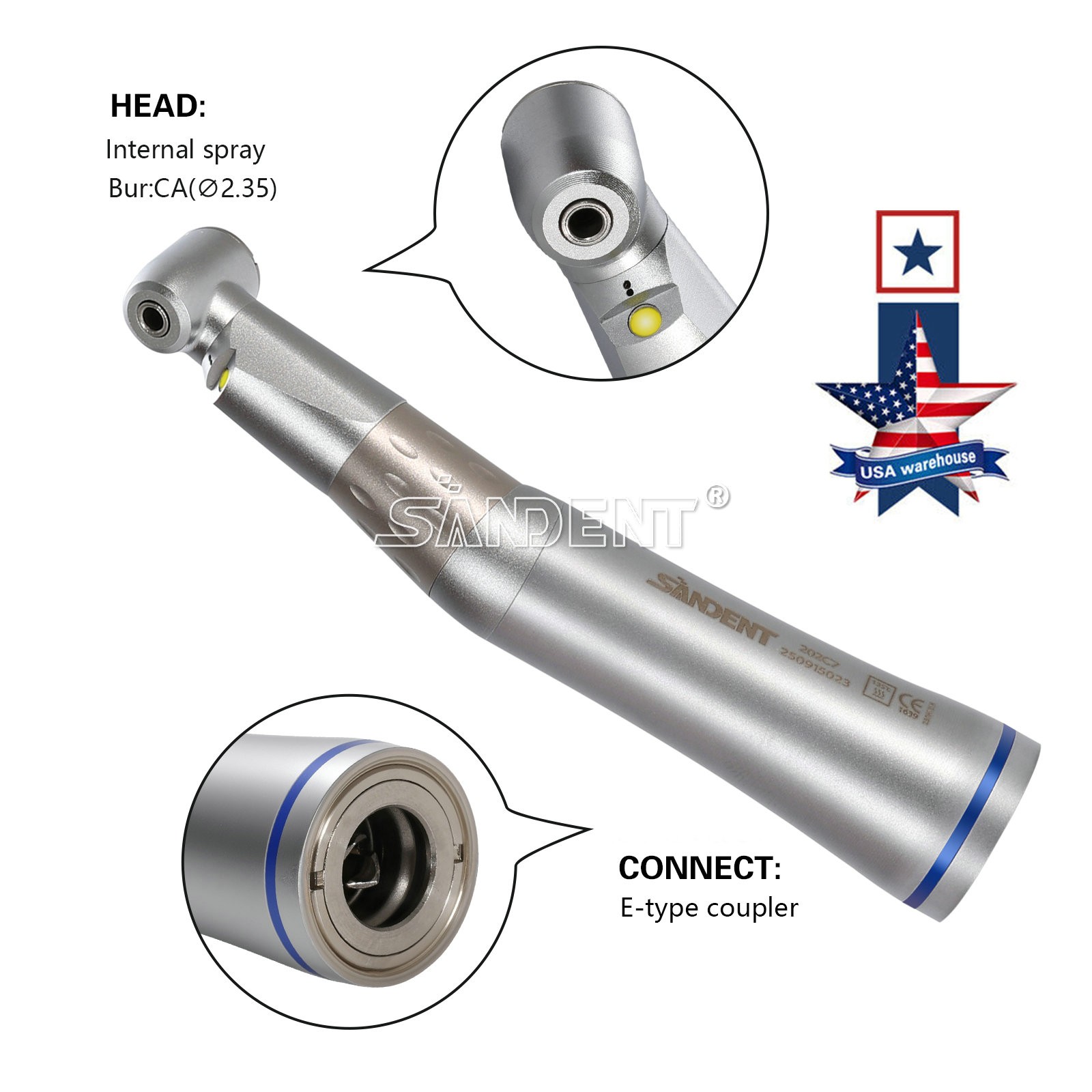 SANDENT 1:1 LED E-generator Fiber Optic Handpiece Contra Angle Inner Channel USA