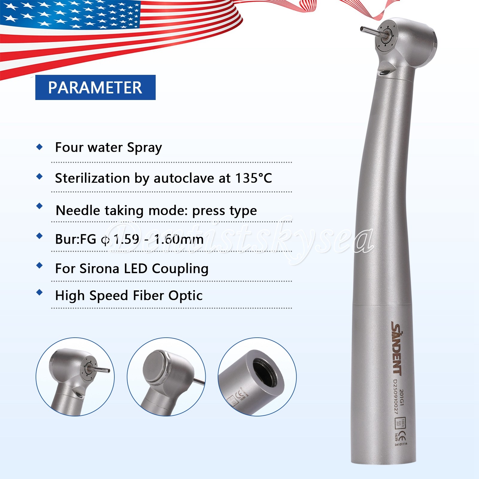 USA High Speed Handpiece Fiber Optic LED 4 way spray 4 air clean head Fit Sirona