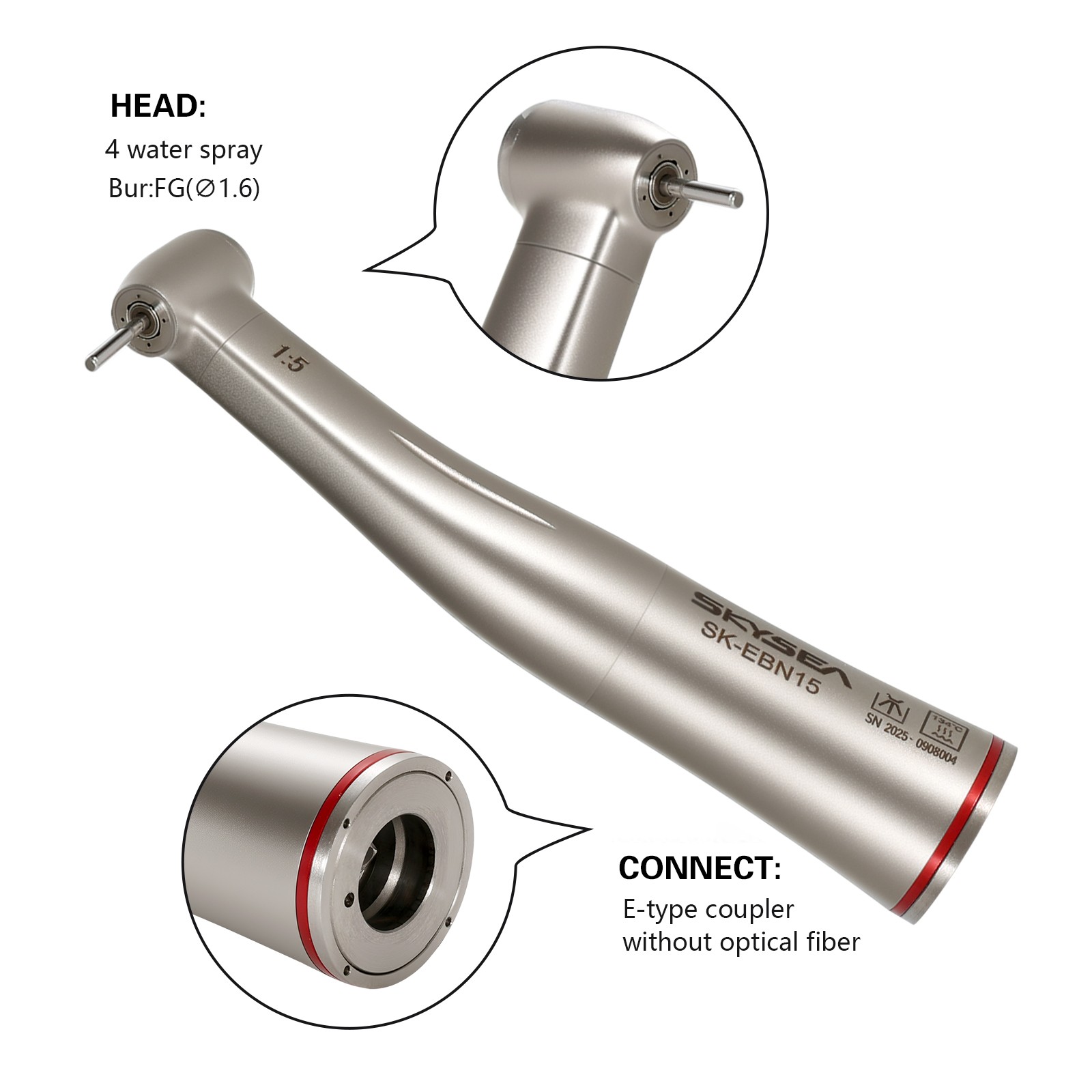 Dental 1:5 Increasing Contra Angle Handpiece 4Spray Fit E-type Motor Without LED