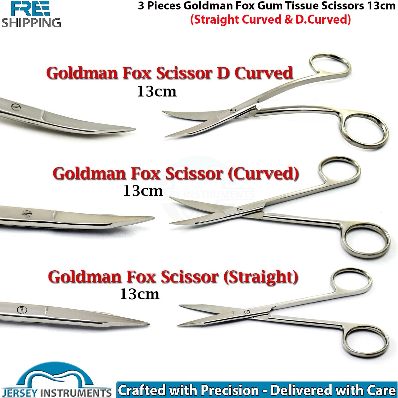 Set of 3 Goldman Fox Scissors Straight Curved Double Curved Dental Surgical New