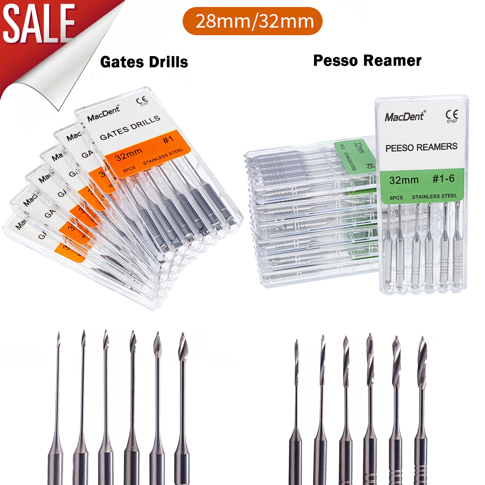 MacDent Dental Endo Peeso Reamers/Glidden Gates Spiral Burs Root Canal 1-6 files