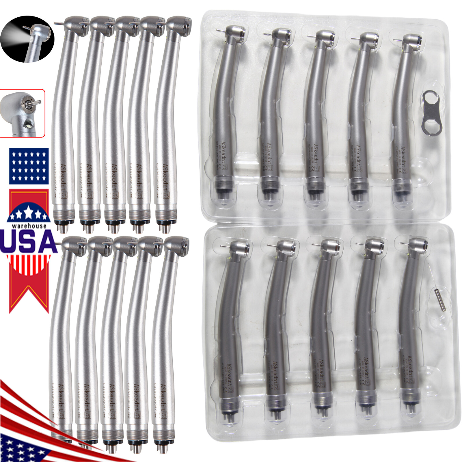 10pcs/1Box Askeadnt Dental LED E-generator High Speed Handpiece 4Holes NSK Style