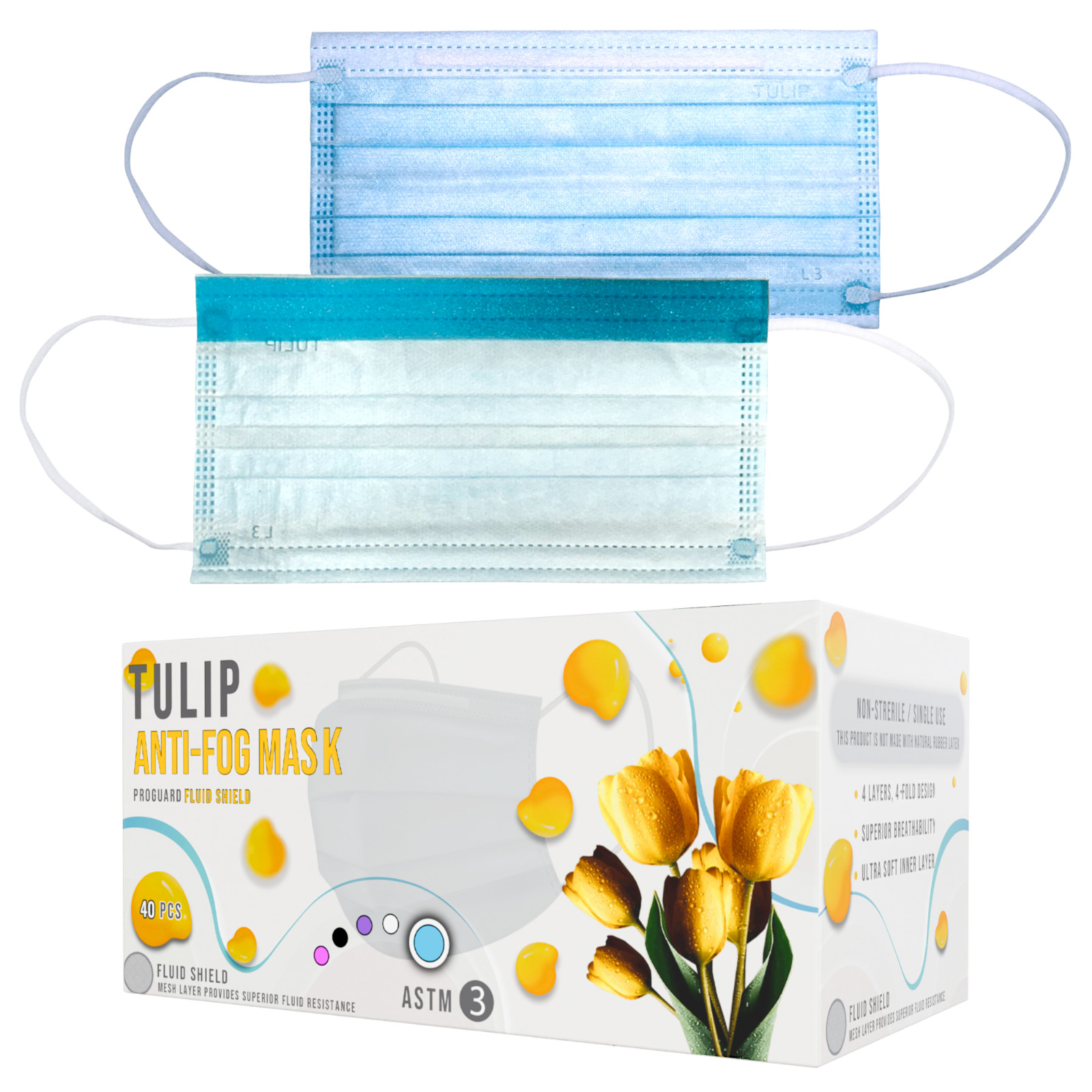 40 Pack Blue 4-Ply ASTM Level 3 Masks Anti-Fog Strip Fluid Shield Protection