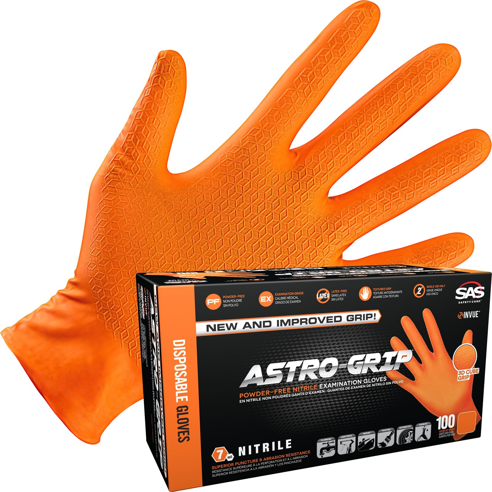 Extra Large Orange Nitrile Disposable Gloves Astro Grip Exam Grade 100 Count