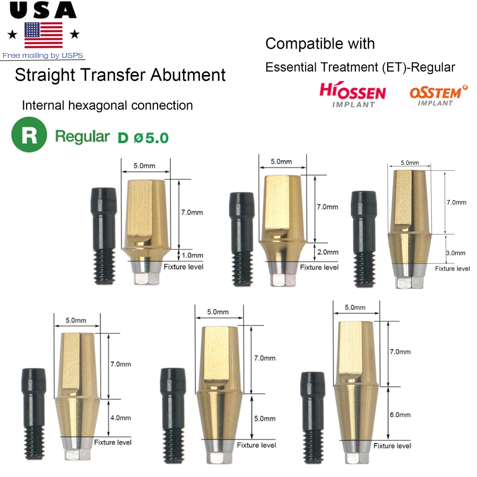 Hiossen ET Straight Ti Cemented Abutment M/S Hex 2.1/2.5mm Conical Replica Screw