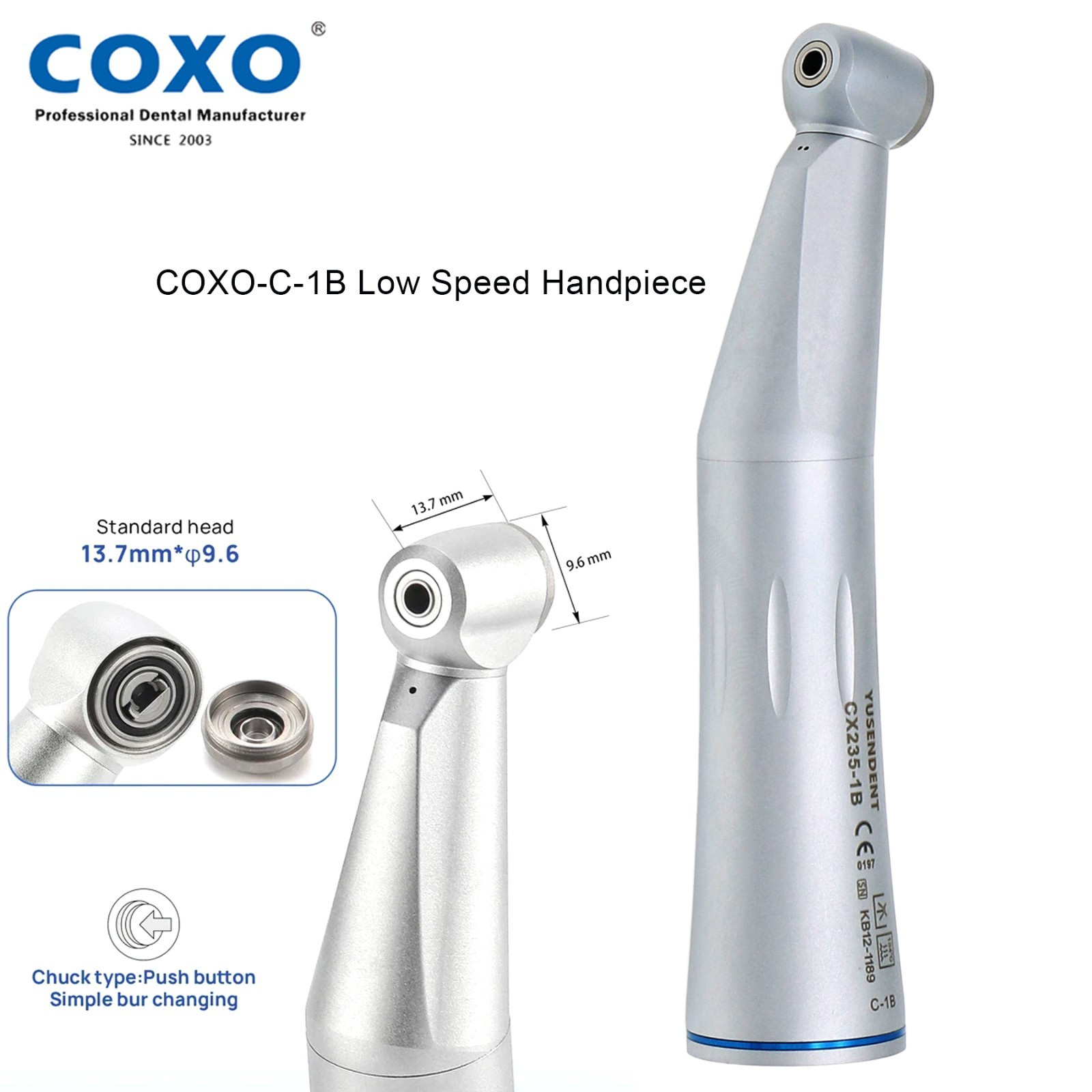 COXO CX235-C-1B Low Speed Handpiece Contra Angle Push Button Air Motor 2/4 holes