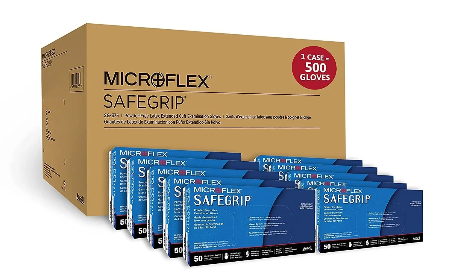Microflex SG-375 SafeGrip LARGE Latex Blue Exam Gloves 500 Pack – 10 BOXES