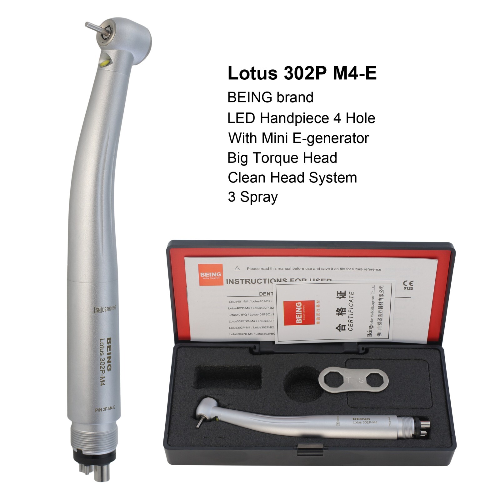 BEING Dental 401P-M4-E High Speed Handpiece Air Turbine LED Self Power 4 Hole