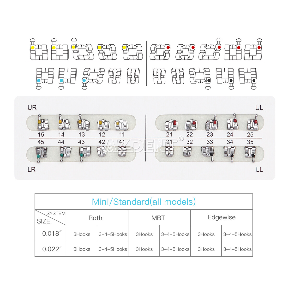 AZDENT Dental Orthodontic Brackets Metal Braces Mini/Standard Roth/MBT 022/018