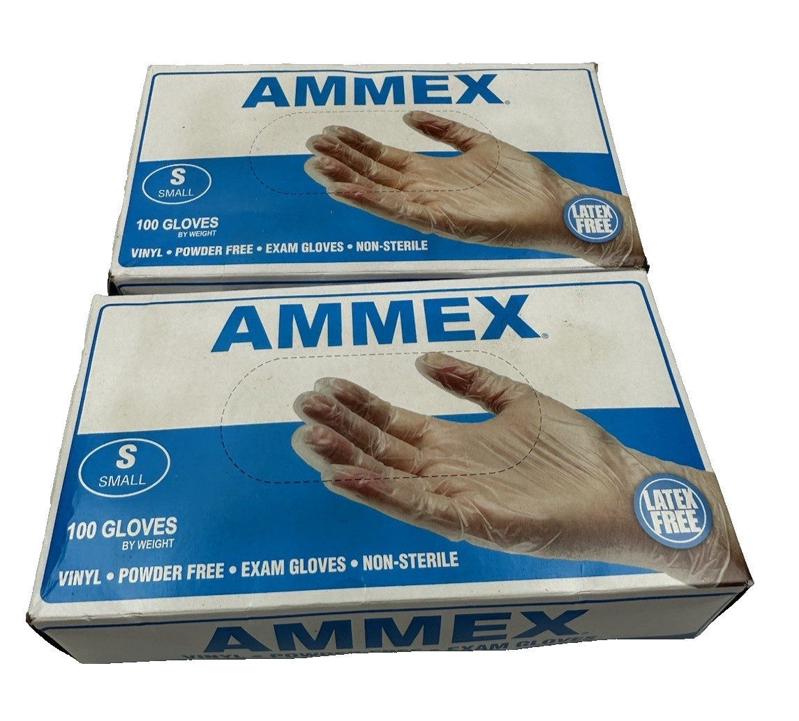 AMMEX VPF62100 Vinyl Powder Free Exam Gloves Small 100 Count Lot of 2