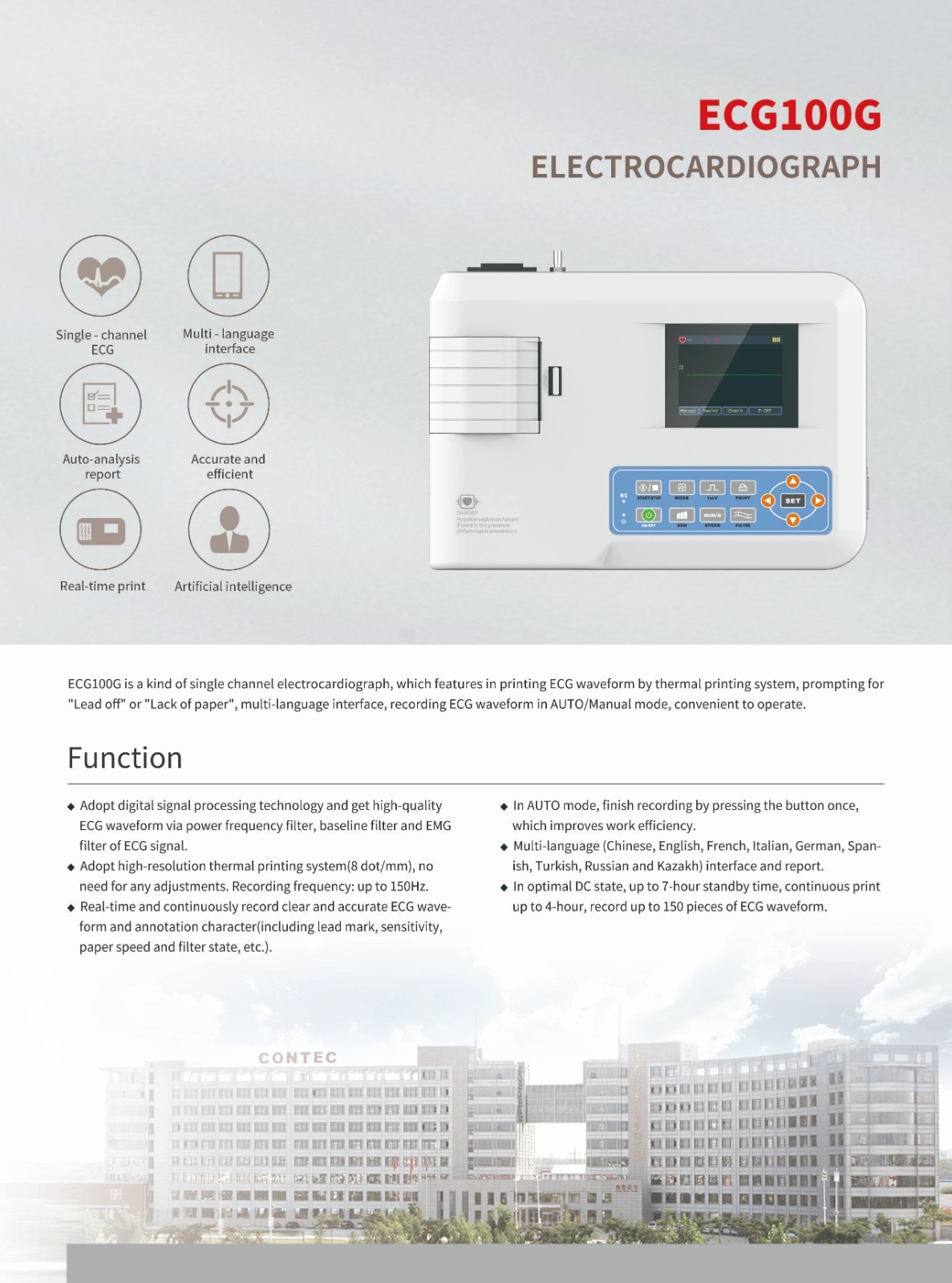 ECG100G 1-Ch 12-Lead Digital EKG Machine – Electrocardiograph for Clinic