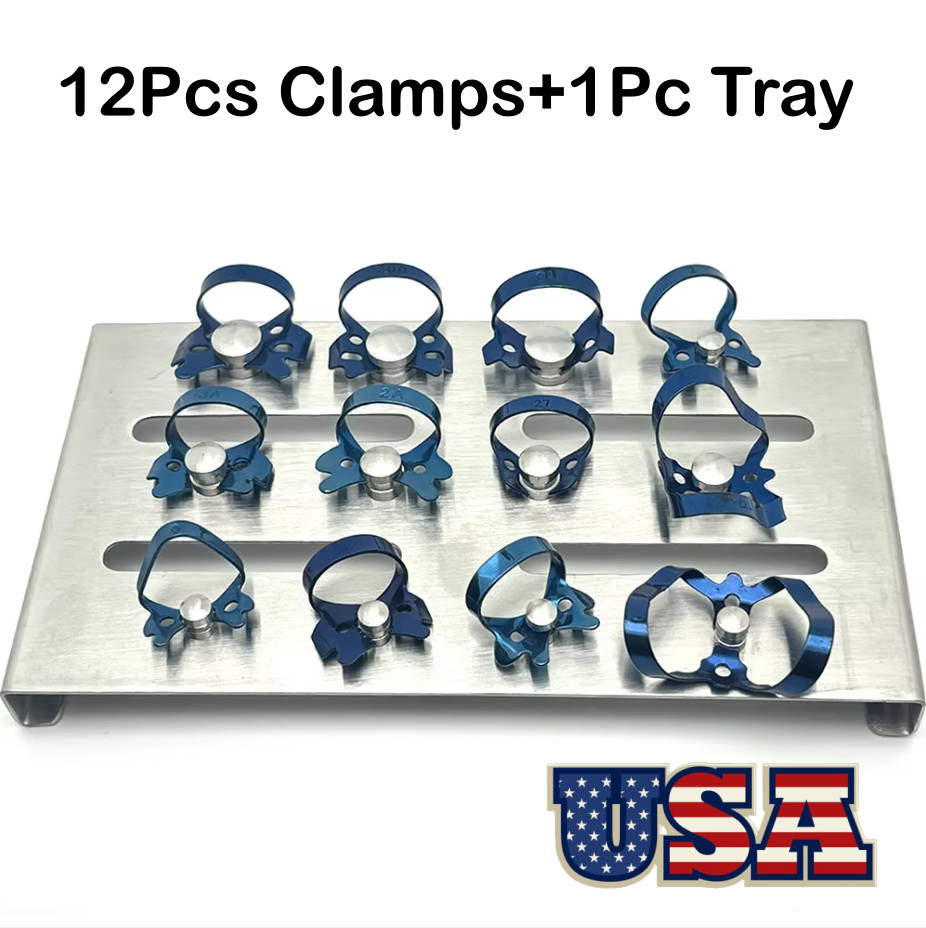 13Pcs/Kit Endodontic Rubber Dam Clamp Blue Dental Instruments With Tray Holder