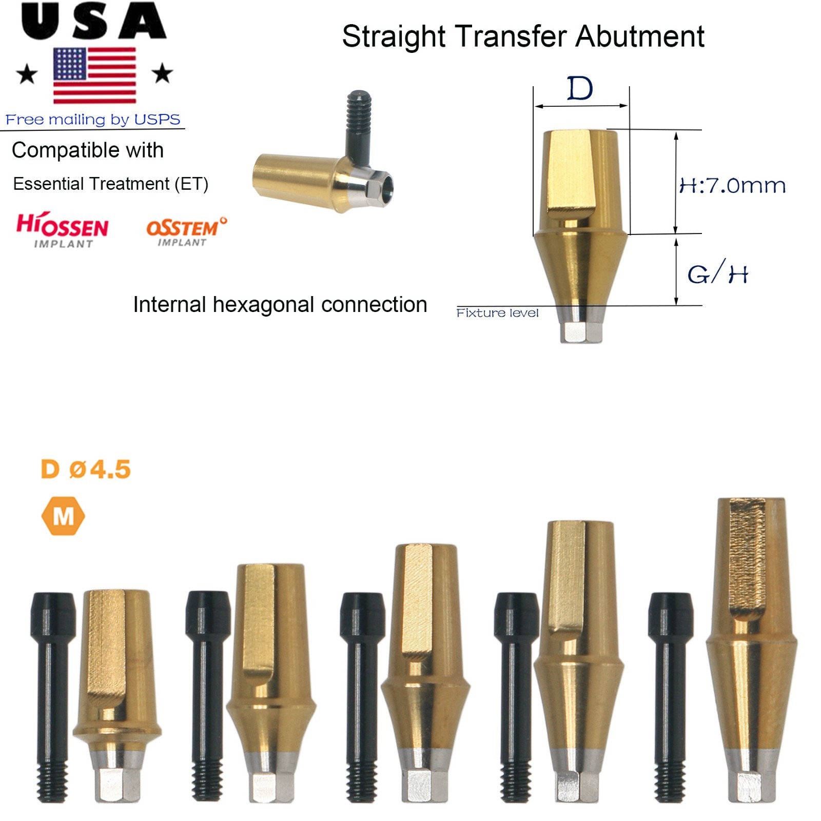Hiossen ET Straight Ti Cemented Abutment M/S Hex 2.1/2.5mm Conical Replica Screw