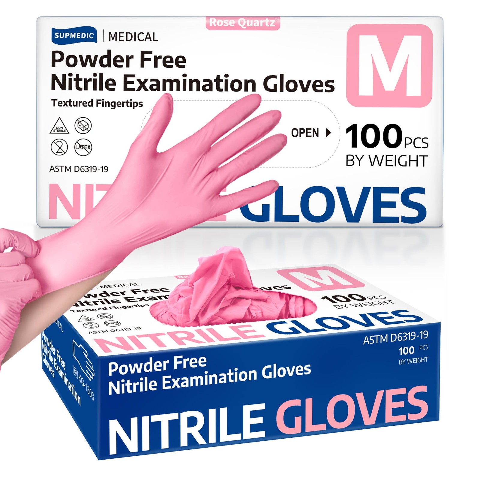 Supmedic Medical Nitrile Exam Gloves, 3.5 mil Medium, Medium (Rose Quartz)