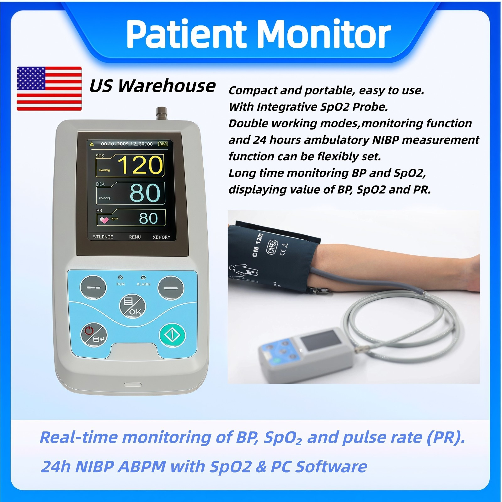 US Stock Ambulatory Blood Pressure Holter Monitor, 24h NIBP ABPM with SpO2