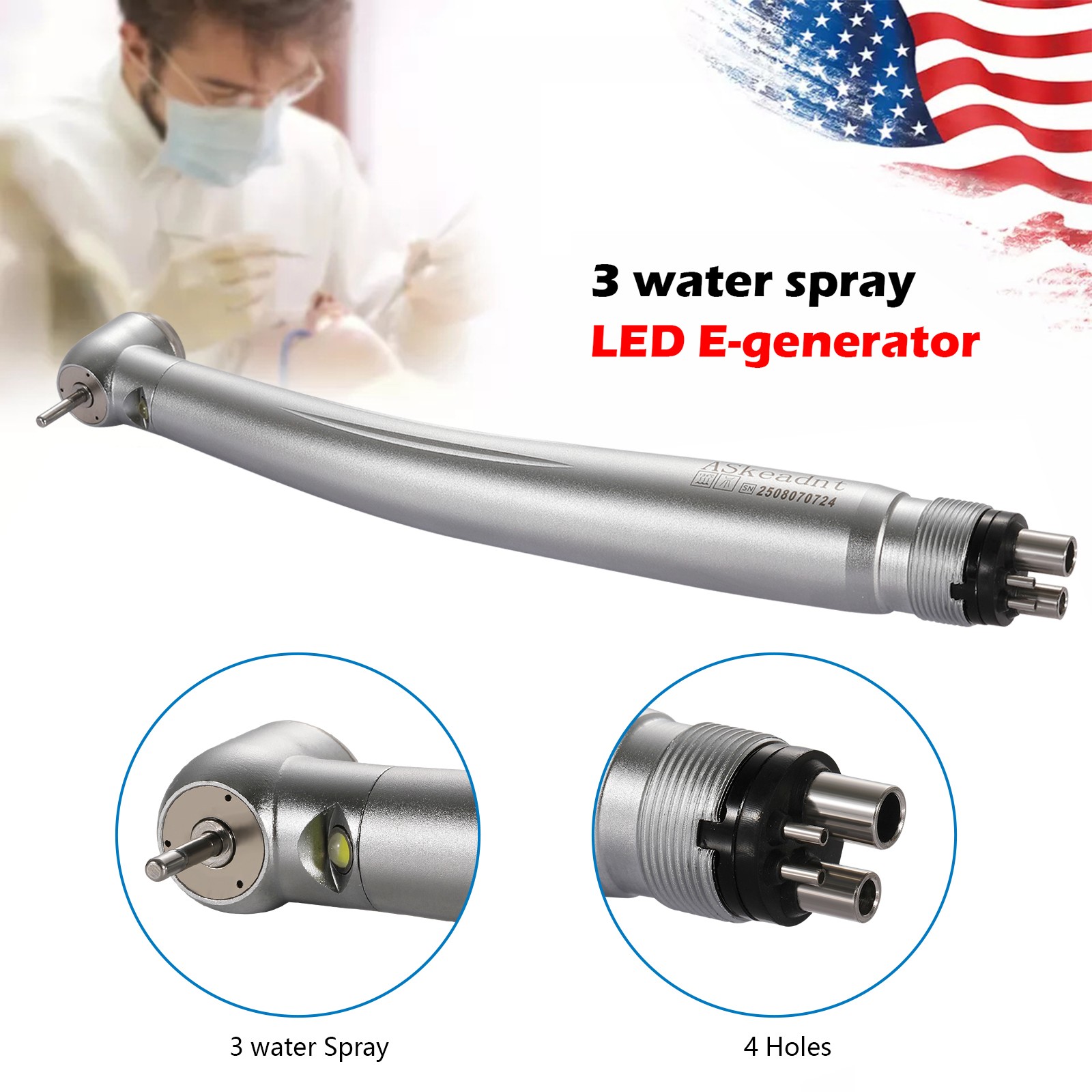 Dental LED E-generator Fiber Optic Push Button 4Holes Turbine Handpiece Y