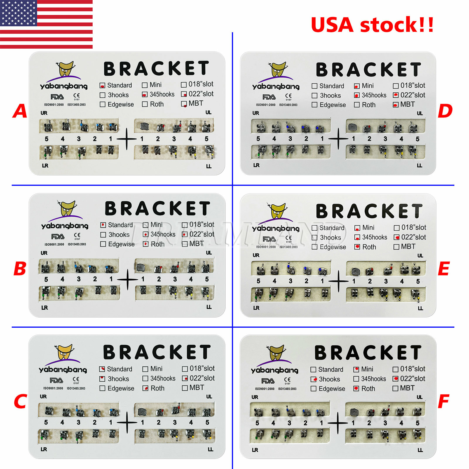 Dental Ortho Brackets Braces Mini/Standard MBT/Roth 022/018 Hooks 345
