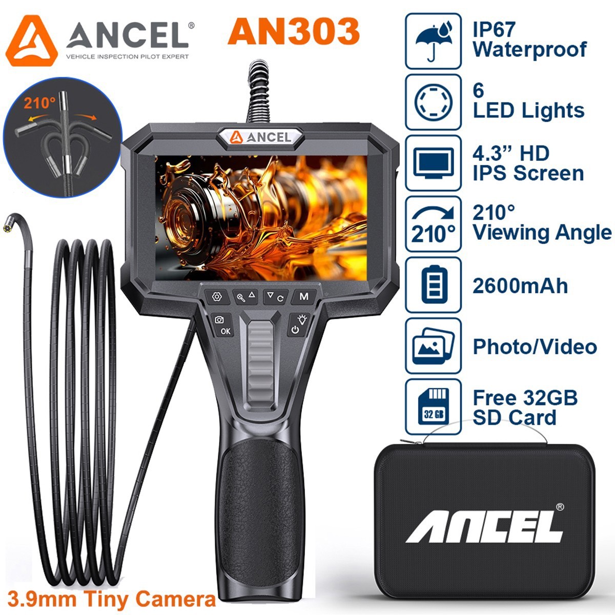 ANCEL AN303 210° Articulating Inspection Endoscope 1080P HD Borescope Camera