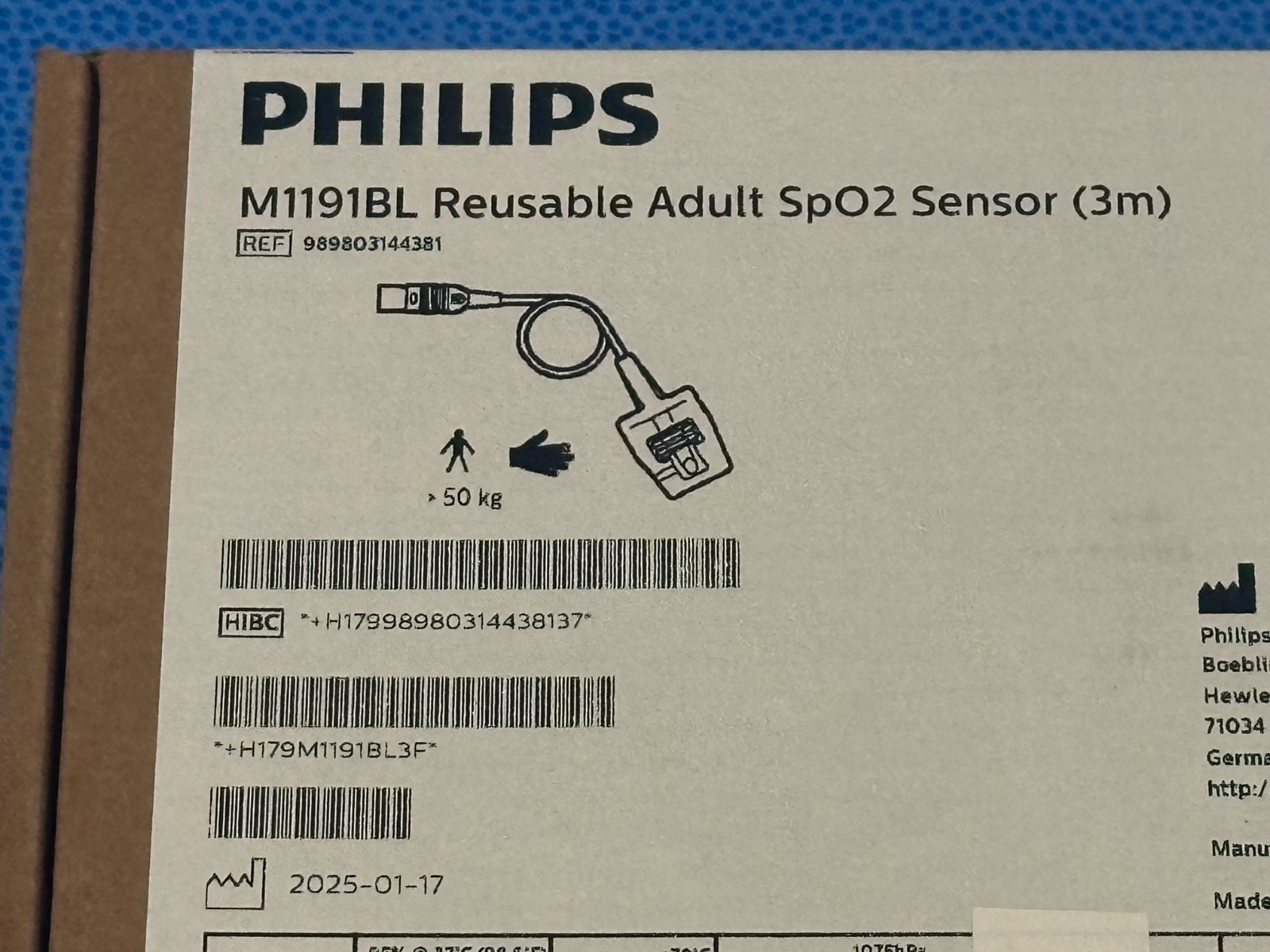 Brand New In Box- Philips M1191BL Adult SpO2 Sensor- 9898031144381 FingerPulseOx