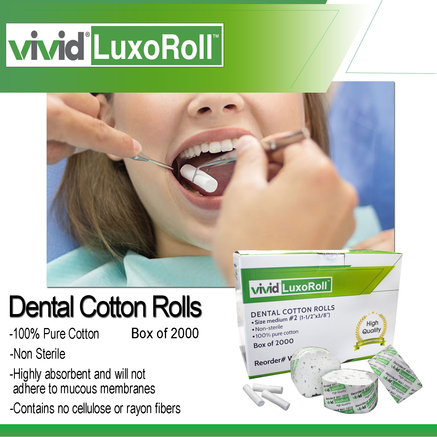 2000/Case Premium Quality Dental Cotton Rolls Size #2 Medium Nonsterile, 3/8″