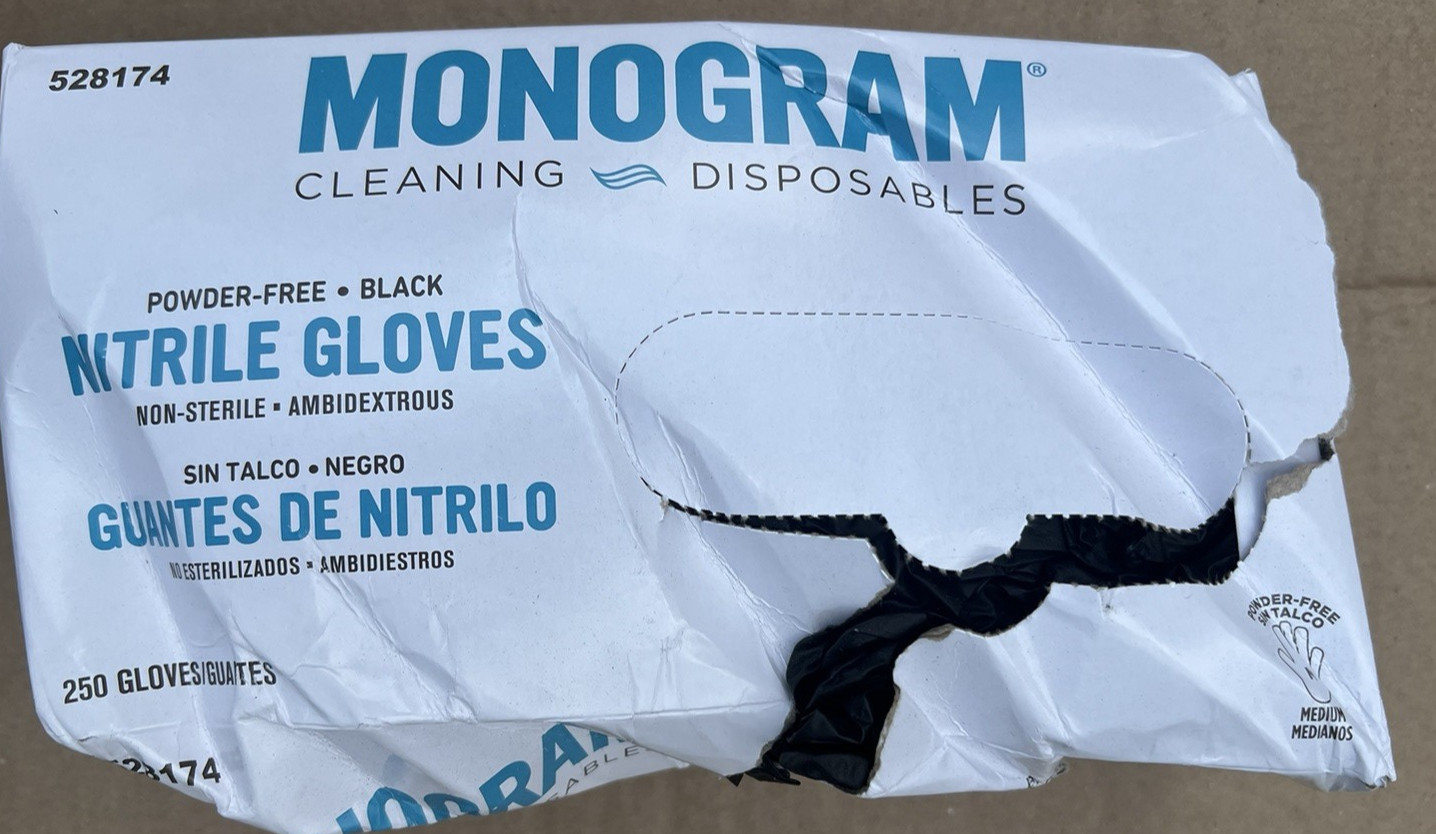 MONOGRAM NITRILE POWDER-FREE GLOVES MEDIUM BLACK 250 EACH DAMAGE LOT OF 6