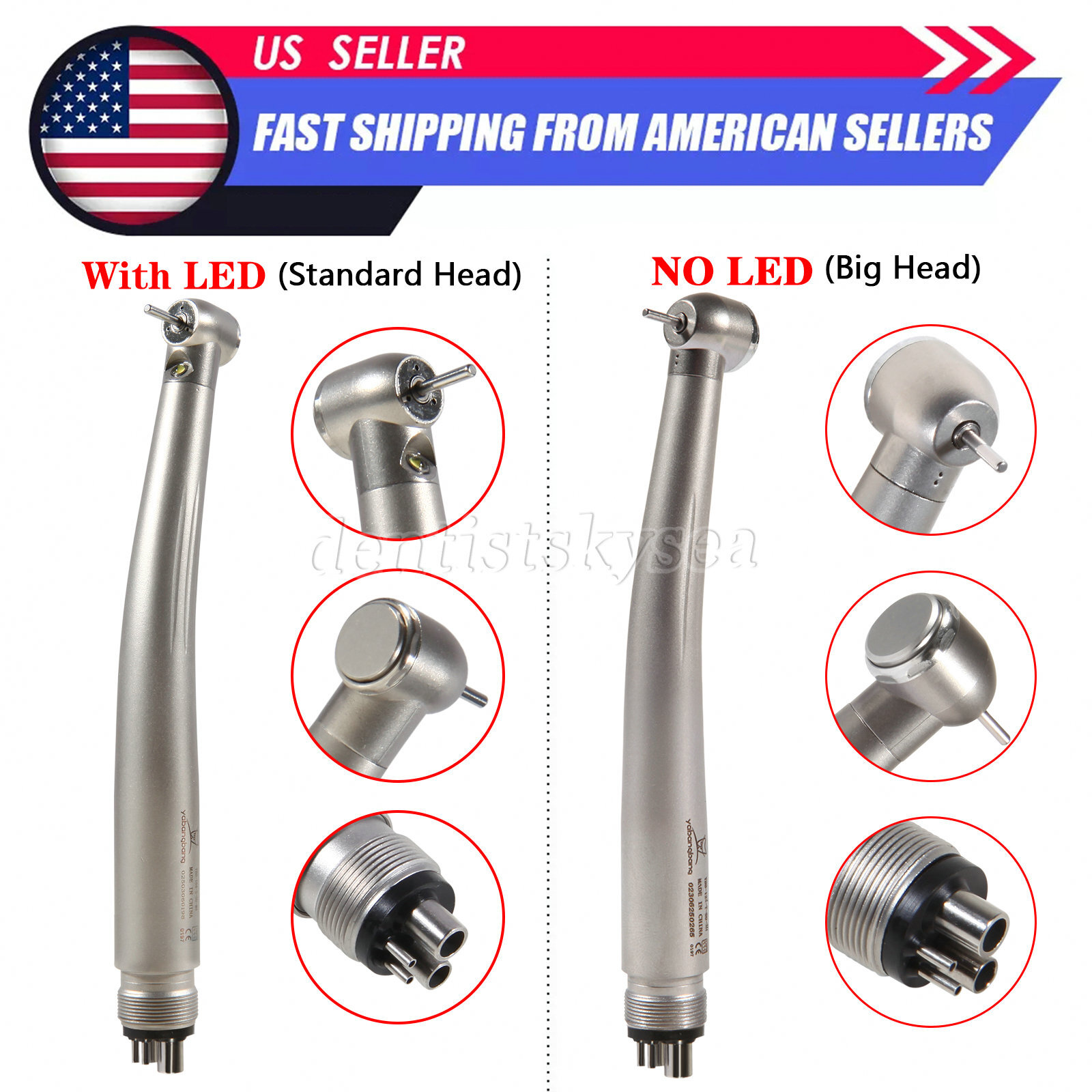 Dental High Speed Turbine/Fiber Optic LED E-generator Handpiece 4Holes USPS