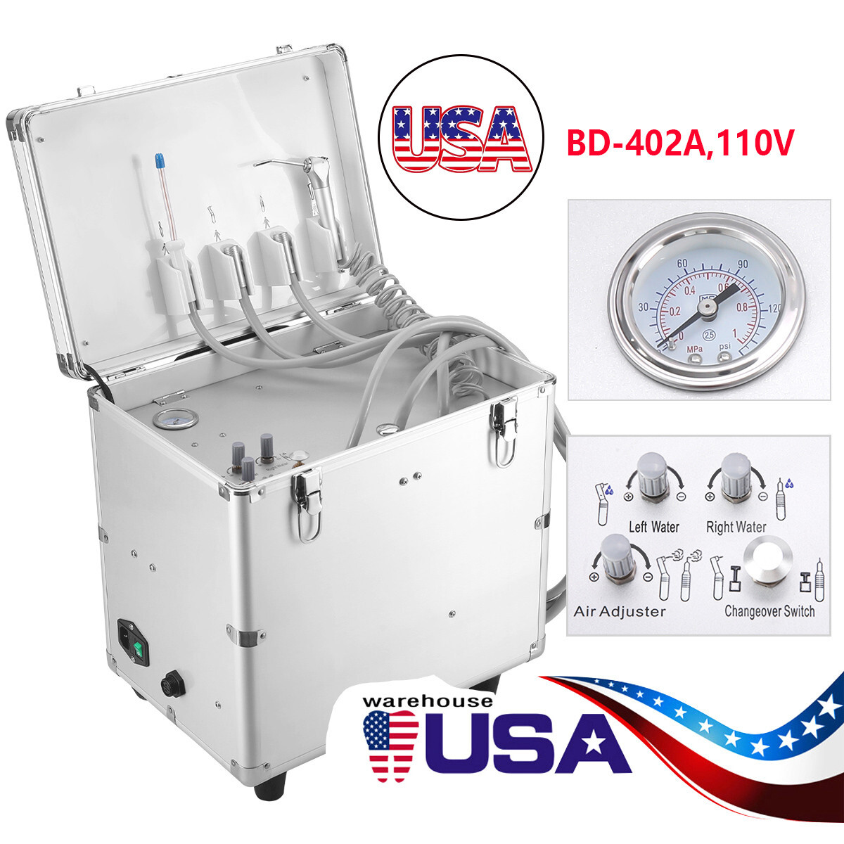Portable Dental Mobile Unit Cart Case Wheels + Suction +Air Compressor BD-402A