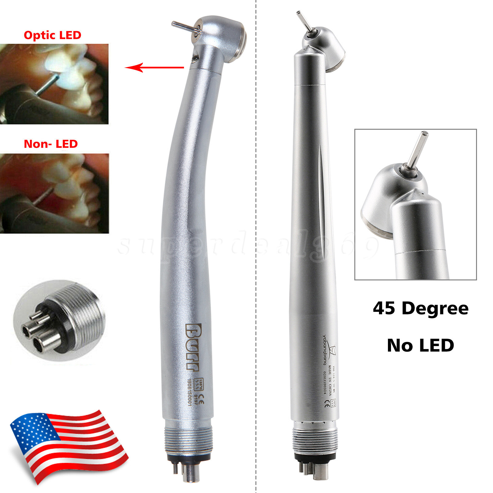 Dental Fiber Optic LED E-generator 4Hole/45 Degree No-LED Turbine Handpiece kv