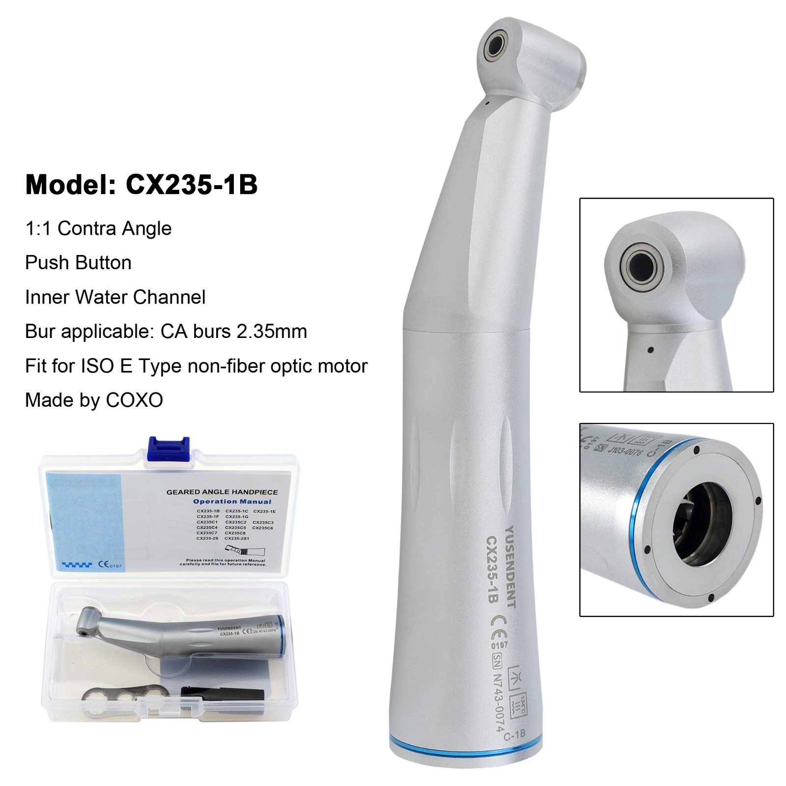 COXO Dental Slow Low Speed Contra Angle Air Motor Straight Handpiece 4 Hole NSK