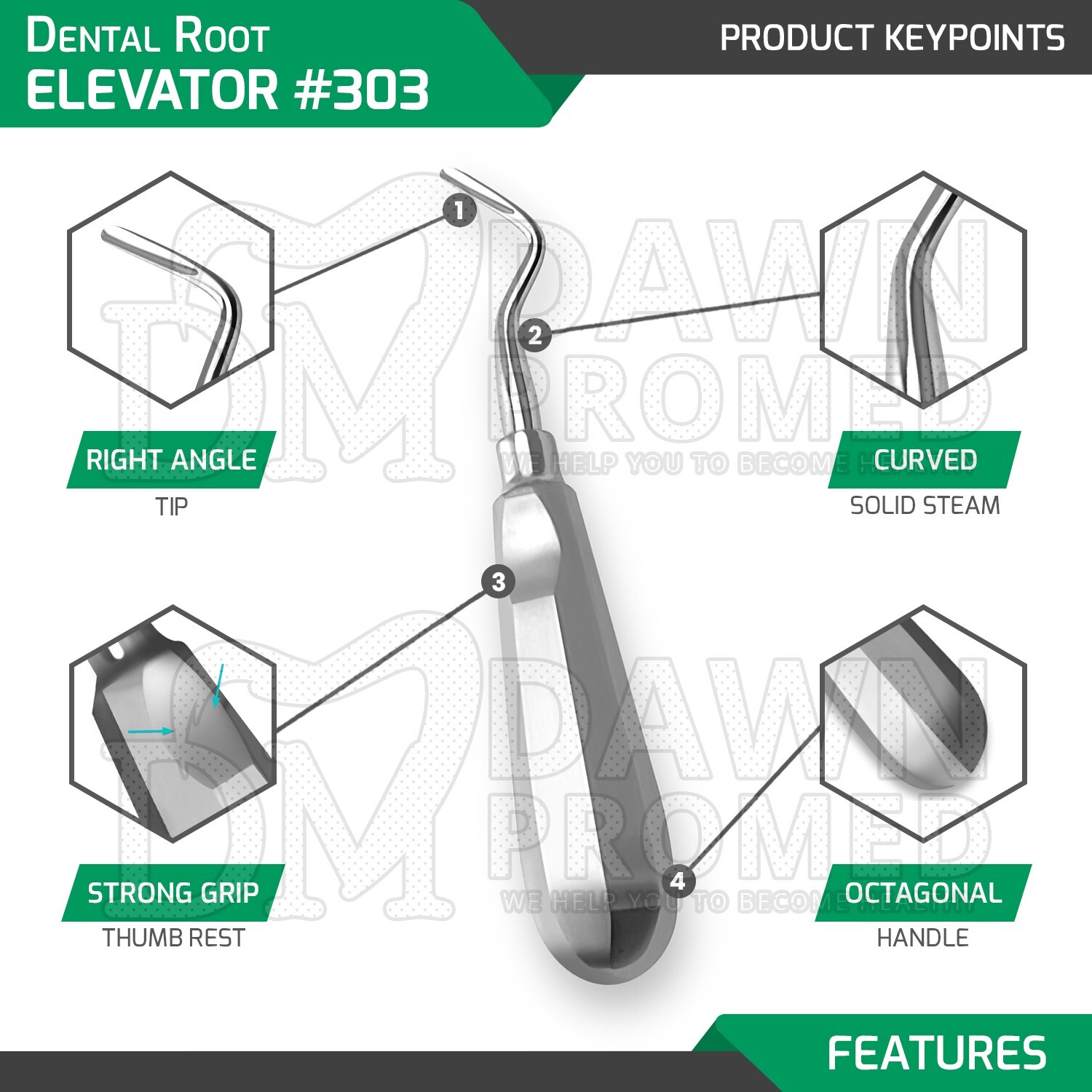 3 Pcs Apical Root Elevator 6″ #301 #302 #303 Extracting Luxating Set Dental Inst